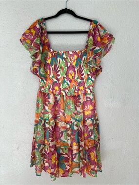 Versona Multicolor Floral Smocked Top - Pink, Orange, Green, Blue